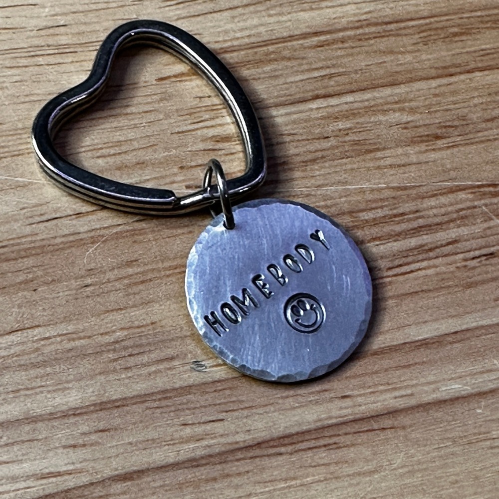 Homebody Smiley Face Hand Stamped Metal Keychain Heart Shaped Ring Silver Tone